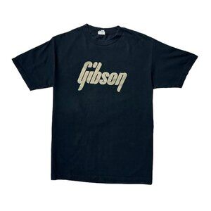 Y2K Gibson Guitars Logo T-shirt Alstyle Medium Black Cotton Rock Music.